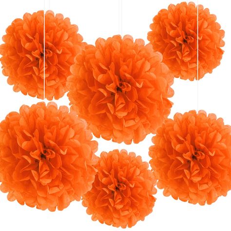 Hanging Pom Poms, Orange Tissue Paper, Paper Flower Ball, Flower Balls, Paper Pom Pom, Mexican Party Decorations, Tissue Pom Poms, Tissue Paper Pom Poms, Paper Pom Poms