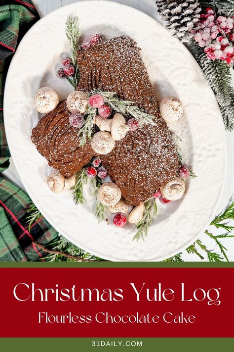 Create this festive Yule Log this holiday season. A traditional rolled, flourless Christmas cake, filled with luscious whipped cream and adorned with bark-like etchings of decadent chocolate buttercream frosting. We added simple-to-create meringue mushrooms that adds a charming touch, bringing this woodland cake to life. Cake Cream Filling, Meringue Mushrooms, Christmas Yule Log, 31 Daily, Yule Log Cake, Easy Sweets, Woodland Cake, Sugared Cranberries, Log Cake