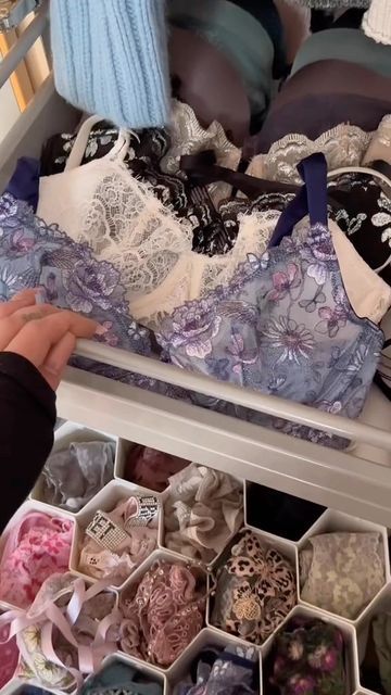 Bra Collection Storage, How To Organize Bras Drawers, Organized Bra Drawer, Cute Bra And Under Set Aesthetic, Bra Drawer, Undergarment Organization, Lingerie Organization, Panty Organization, Lingerie Storage