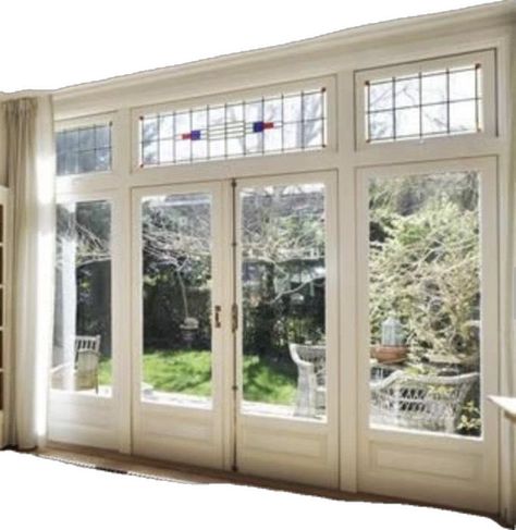 Sunroom Windows And Doors, French Doors With Window Above, Sunroom Door Exterior, Window To Sliding Door Conversion, French Sliding Patio Doors, French Doors With Side Windows, Gate And Fence Ideas, Sunroom Doors, Sliding French Doors Patio