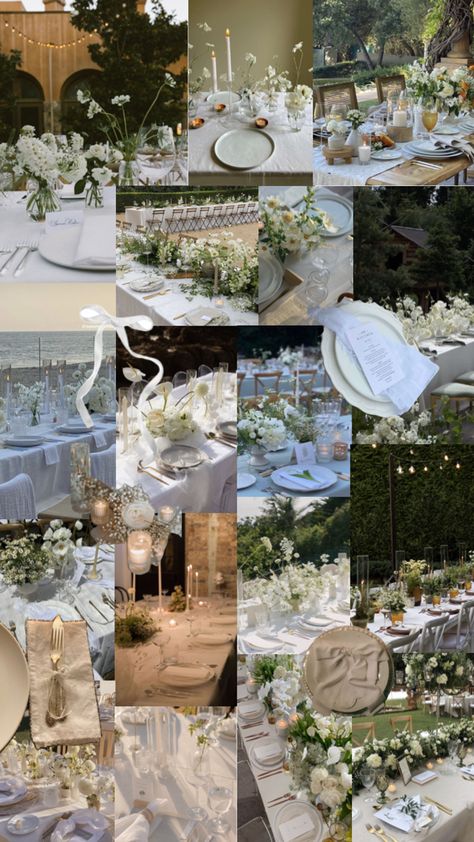 White wedding dinner party reception aesthetic bows green and white theme Round Wedding Reception Tables, White Dinner Party, White Wedding Table Decor, Small Backyard Wedding, White Wedding Theme, Dream Wedding Decorations, White Dinner, Wedding Types, Wedding Inspiration Board