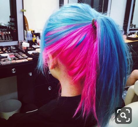 Pink And Blue Hair Half, Pinwheel Hair Dye Technique, Pink Hair Blue Underneath, Pink Blue Blonde Hair, Blue And Pink Split Dye, Under Color Hair Ideas, Pink Underneath Hair, Pink And Blue Hair, Bright Blue Hair