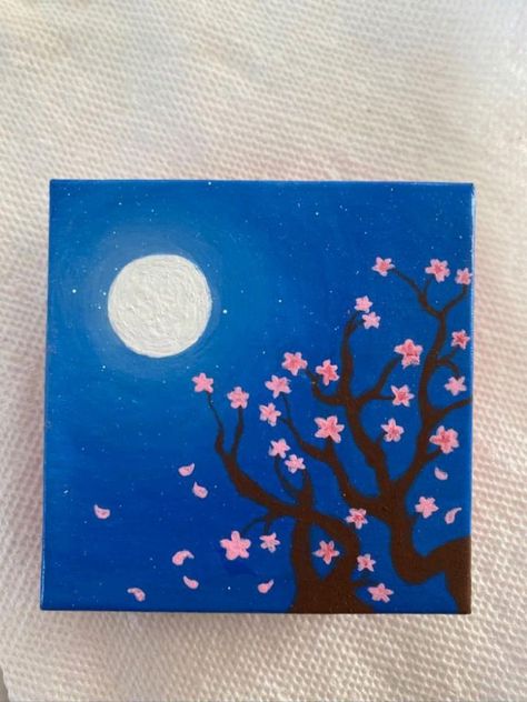 Painting Ideas Easy Simple Square Canvas, Easy Cherry Blossom Painting, Easy Aesthetic Canvas Painting, Easy Things To Paint For Beginners Ideas, Small Canvas Art Easy Acrylic Paintings, Easy Canvas Painting For Kids, Small Canvas Paintings Easy, Mini Lienzos Ideas, Easy Flower Painting Acrylic