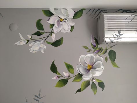 by Mai Hatti (Hatice Türkergin) Mural .Magnolia. Magnolia Mural, Painting Magnolia, Wall Painting Flowers, Exterior Murals, Wall Murals Diy, Creative Wall Painting, School Murals, Wooden Welcome Signs, African Art Paintings