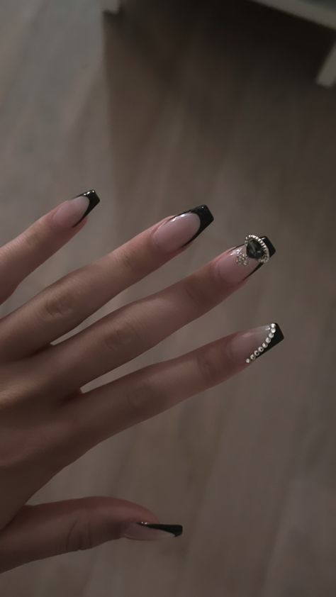 Nail Inspo Rhinestones, Vivienne Westwood Nails, Westwood Nails, Black Nail Inspo, Nail Inspired, Black Nail, French Tips, Prom Nails, Black Nails