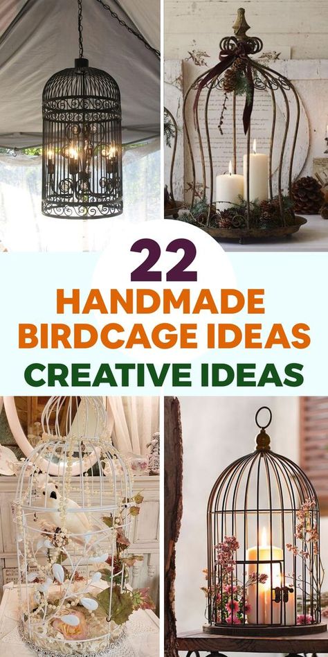 22 Handmade Birdcage Ideas To Add Unique Beauty Your Living Space Birdcage Upcycle, Birdcage Decor Ideas, Shabby Chic Floor Lamp, Vintage Bird Cage Decor, Birdcage Ideas, Birdcage Light, Birdcage Planter, Bird Cage Candle, Bird Cage Candle Holder