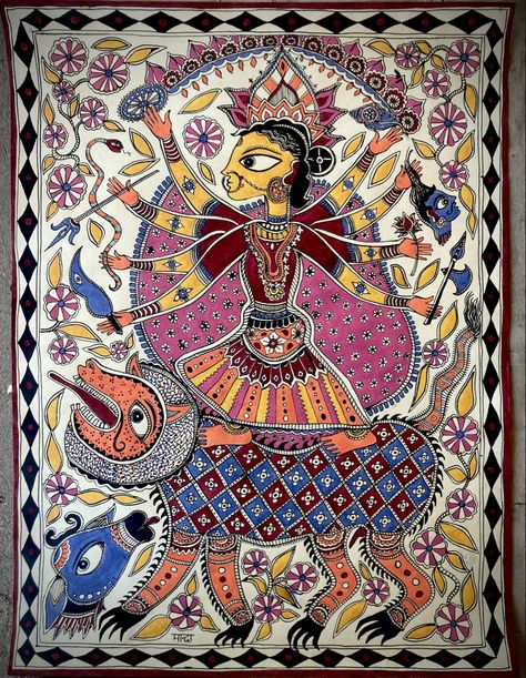 Folk art, India, Indian art, Madhubani, Mithila, goddess Mithila Art, Durga Ma, Madhubani Paintings, Kalamkari Painting, Canvas Art Projects, Hinduism Art, Madhubani Art, Madhubani Painting, Hand Painting Art