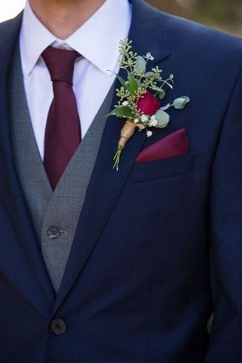 Outfit Ideas Korean Dress, Boutonniere Ideas, Navy Wedding Colors, Groom Wedding Attire, Wedding Suits Groom, Wedding Colors Blue, Wedding Groomsmen, Navy Blue Wedding, Groomsmen Attire