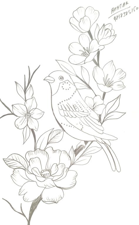 Bird On Flower Drawing, Fabric Painting Birds Designs, Birds Painting On Fabric, Fabric Painting Sketches, Flower Drawing For Embroidery, Flower Drawing Design Pattern, Beautiful Flowers Drawing Design, Fabric Painting Fabric Paint Designs Patterns, Fabric Paint Designs Patterns