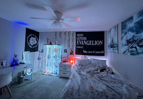 cybercore cyber web webcore room decor inspo design aesthetic blue purple lighting trendy bedroom evangelion Cybercore Bedroom, Cybercore Room, Futuristic Bedroom, Tech Room, Purple Lighting, Desk Area, Room Redesign, Pretty Room, The Bedroom