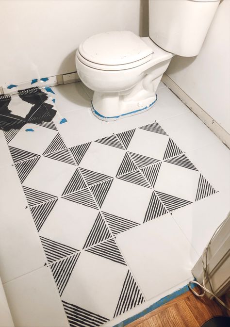 A step-by-step tutorial. Best 'bang for your buck' project to salvage boring, builder-grade tile floors. Painted Stencil Tile Floor, Diy Painted Floor Tiles, Pantry Floor, Stenciled Tile, Tile Stencils Diy, Stenciled Tile Floor, Bathroom Stencil, Stencil Tile, Stencil Floor