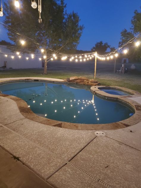 Pool Deck String Lights, Backyard String Lights Pool, Lights Around Inground Pool, String Lights Over Pool Backyard, Hanging Lights Over Pool, Bistro Lights Pool, String Lights Above Pool, Hanging Lights Around Pool, Lights Over Pool Outdoor