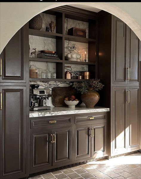 Xo Macenna Kitchen, Kitchen Calacatta, Bookshelf Arrangement, Cozy Chic Bedroom, Coffee Bar Inspiration, Spanish Revival Kitchen, Lone Fox, Kitchen Coffee Bar, Moody Kitchen