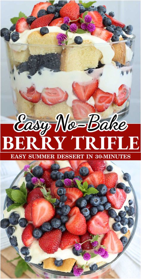 Berry trifle in clear glass dish with pound cake, strawberry slices and fresh berries. Summer Trifle Desserts, Easy July 4th Desserts, Summer Picnic Desserts, Angel Food Trifle, Fresh Berries Dessert, Angel Food Cake Trifle, Berry Trifle Recipe, Summer Trifle, Angel Food Cake Desserts