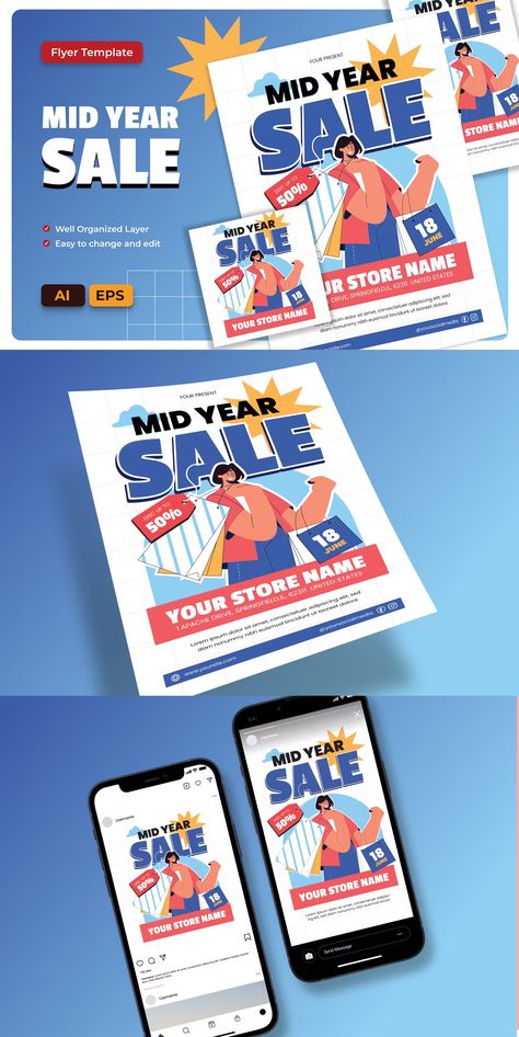 Mid Year Sale Flyer Template AI & EPS Mid Year Sale, Sale Flyer, Print Templates, Sale Design, Flyer Template, Promotion, Quick Saves, Design