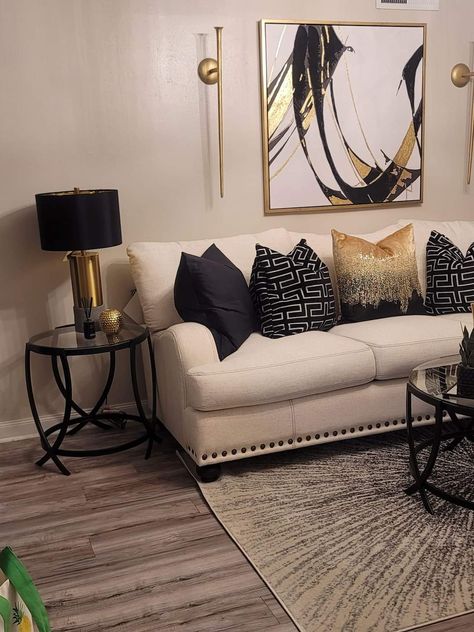 Black White Tan Gold Living Room, Tan Black And Gold Living Room, Grey Black Cream Gold Living Room, Black Cream And Gold Home Decor, Cream And Gold Home Decor, Black Tan Gold Living Room, Gold And Tan Living Room, Black Gold Beige Living Room, Cream And Gold Decor