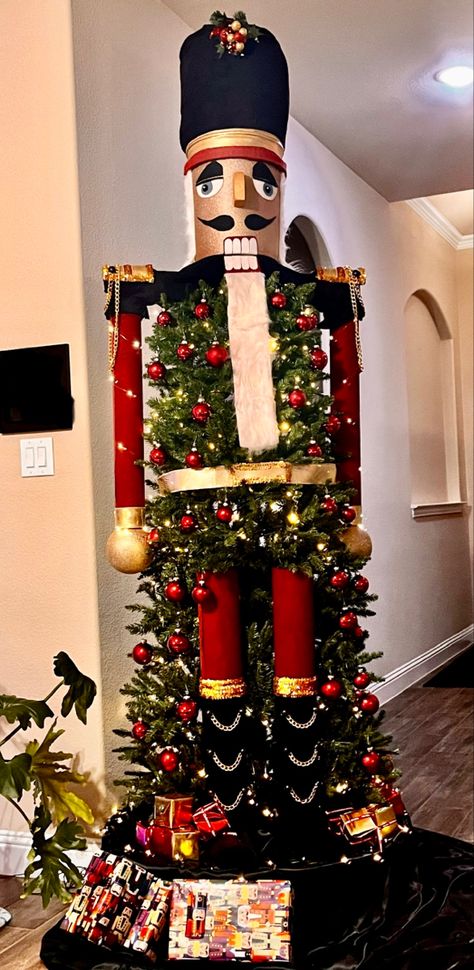 We transformed our Christmas tree into this awesome 8 ft. 6 in. nutcracker. Nutcracker Display Ideas, Nutcracker Display, Nutcracker Ideas, Nutcrackers Display, Nutcracker Tree, Nutcracker Christmas Tree, Christmas Things, Tree Ideas, Nutcracker Christmas