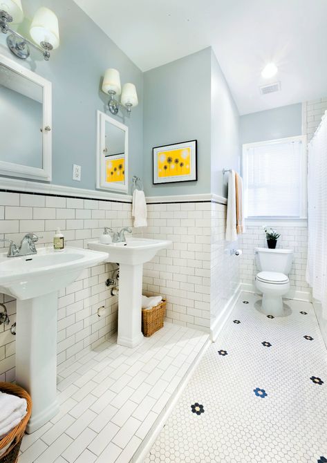 White Hexagon Bathroom Floor, White Hexagon Bathroom, 1930 Bathroom, 1930s Bathroom, Makeover Kamar Mandi, Craftsman Bathroom, Yellow Bathrooms, Bathroom Color, Bathroom Update