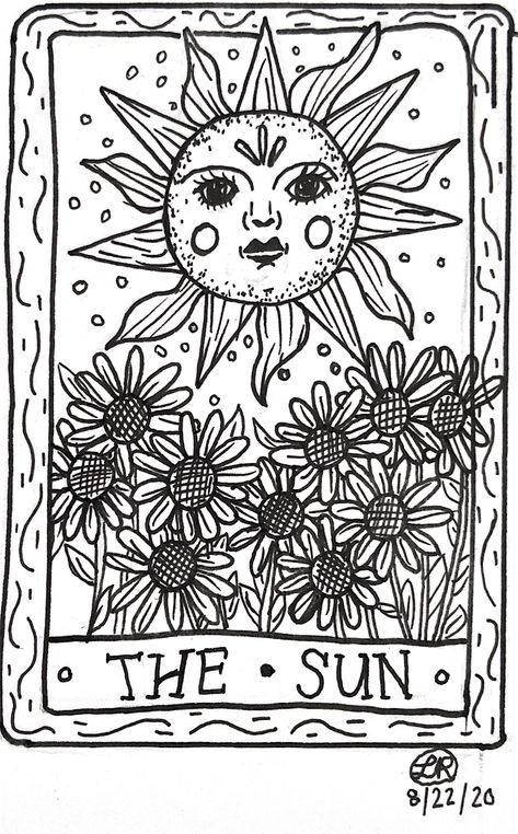 ☼The Sun☼ tarot card drawing Tarot Card Coloring Pages, Sun Coloring Pages, Easy Tattoo, Witch Coloring Pages, The Sun Tarot, Adult Coloring Designs, Tarot Cards Art, 카드 디자인, Drawing Digital