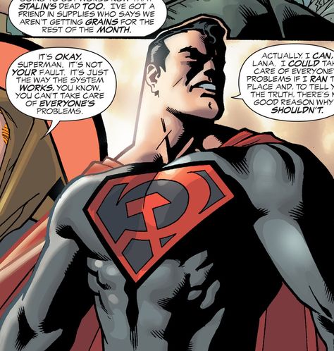 Millar, M., Johnson, D. & Robinson, A. (2003) Superman: Red Son. DC Comics: Burbank. (Millar, Johnson & Robinson.2003:46) This Elseworld itteration of Superman sports an Emblem that utilises the Hammer and Sickle. Superman Emblem, Superman Red Son, Hammer And Sickle, Dc World, Red Sun, Film Studio, Superhero Art, Superman, Dc Comics