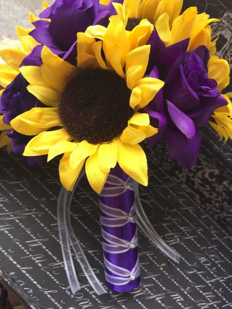 Silk Sunflower & Purple Rose Wedding Bouquet Purple And Yellow Wedding, Sunflower Purple, Wedding Sunflowers, Sunflower Bridal Bouquet, Yellow Wedding Bouquet, Wedding Flowers Sunflowers, Wedding Flower Guide, Purple Bouquets, Sunflowers And Roses