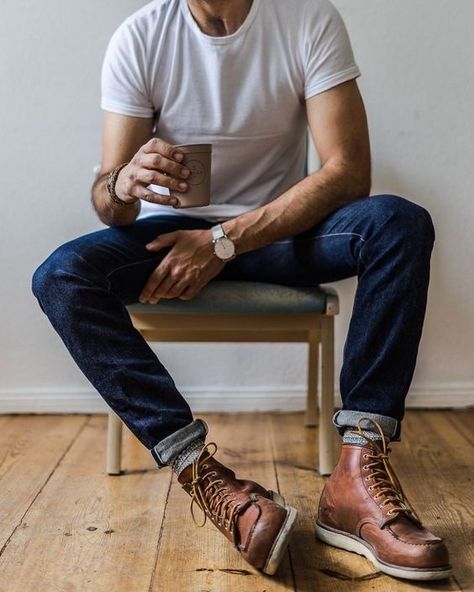 Rustic Mens Fashion Summer, Outfit Sepatu, Boots Outfit Men, Moc Toe Boots, Red Wing Boots, Men’s Boots, Mens Boots Fashion, Rugged Style, Mens Fashion Casual Outfits