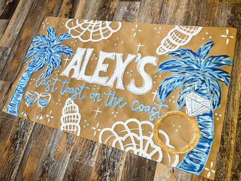 IN LOVE with this banner 🩵🫶🏼🤩🐚 Last Toast On The Coast Banner, Painted Banner Ideas, Bachelorette Beach Party, Painted Banner, Bachelorette Banner, Bachelorette Beach, Last Toast On The Coast, Toast On The Coast, Bachelorette Party Beach