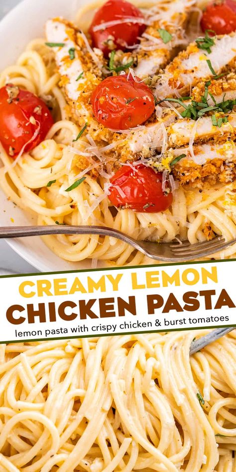 This creamy lemon chicken pasta combines bright and tangy creamy pasta, crunchy baked chicken cutlets, garlicky burst cherry tomatoes, and savory Parmesan cheese. It's a great weeknight-friendly dinner idea that the whole family will love! Crunchy Baked Chicken, Creamy Lemon Chicken Pasta, Burst Cherry Tomatoes, Baked Chicken Cutlets, Flexitarian Recipes, Lemon Chicken Pasta, Creamy Lemon Chicken, Best Pasta Recipes, Lemon Pasta