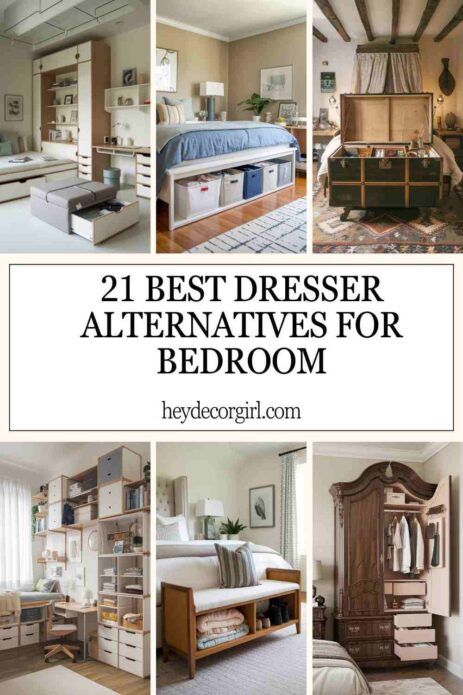 Dressers Small Bedroom, Alternative Dresser Ideas Bedroom, Next To Bed Storage, Room With No Dresser Ideas, Small Space Dresser Ideas, Unique Bedroom Storage Ideas, Armoire In Bedroom Ideas, Unusual Furniture Bedroom, Corner Dresser Ideas