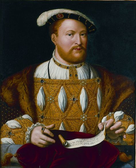 King Henry VIII (1491-1547), After Joos Van Cleve (c.1485-1540). Burghley Collections. Oil on panel, 69.9cm by 59.7cm.This portrait is after one attributed to Joos Van Cleve which is in the Royal Collection. The Latin text on the scroll held by the King translates as: ‘Go ye into all the world and preach the gospel to every creature’, (Mark 16:15). The inclusion of these words was in celebration of the title ‘Defender of the Faith’, which was awarded to Henry by the Pope in 1521. Robert Campin, The Tudor Family, Tudor Monarchs, Tudor Dynasty, Tudor Era, Catherine Of Aragon, King Henry Viii, Tudor History, The Royal Collection