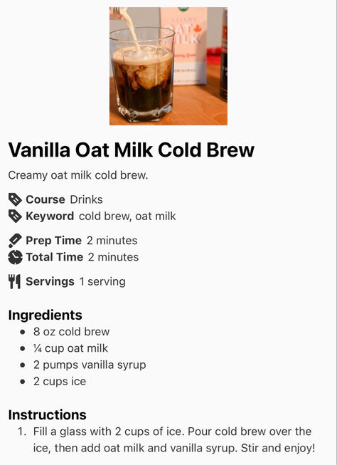 Dairy Free version of Starbucks Sweet Cream Vanilla Cold Brew! Add vanilla sweetener to oat milk and froth it, then pour it in your drink! Cold Brew With Oat Milk, Oat Milk Cold Brew, Dairy Free Sweet Cream Cold Foam, Oat Milk Starbucks Drinks, Oat Milk Coffee Recipe, Dairy Free Starbucks Drinks, Dairy Free Starbucks, Starbucks Sweet Cream, Vanilla Cold Brew