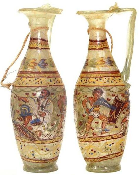 Roman painted glass one handled jug. Dated back to I century CE. Found in Ismant el-Kharab, ancient Kellis, Egypt. Depicting combatant gladiators. [546x709] - Imgur Roman Gladiators, Roman Artifacts, Ancient Artefacts, Glass Objects, Empire Romain, Rome Antique, Ancient Roman Glass, Prehistoric Art, Bernard Shaw