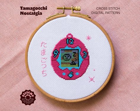 Tamagotchi nostalgia. Cross stitch pattern by Stitchy Kiddo Embroidery. This design with a colorfull palette and Tamagotchi written in japanese, will do for a great home decor or gift for that friend that has a longing for retro toys. Hope you find stitching it as fun as I did! If you want to Pixel Art Pattern, Modern Cross, Retro Toys, Modern Cross Stitch, Pattern Blocks, Star Patterns, Simple Patterns, Cute Pattern, Digital Pattern