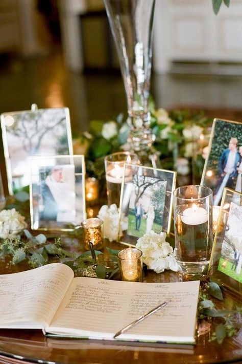 wedding guests book decored with wedding photo ideas Country Club Outfit Spirit Week, Wedding Entrance Table, Wedding Photo Table, Country Club Outfit, Wedding Welcome Table, Wedding Guest Book Table, Memory Table Wedding, Wedding Photo Display, Gift Table Wedding