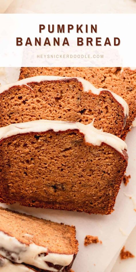 This pumpkin banana bread with a brown butter glaze is a perfect combination of fall flavors. This is an easy recipe that is quick to put together and makes a perfectly moist loaf of flavorful bread. Brown Butter Glaze, Pumpkin Banana Bread, Butter Glaze, Pumpkin Pie Bars, Pumpkin Banana, Fall Flavors, Sticky Buns, Pumpkin Pecan, Snickerdoodles