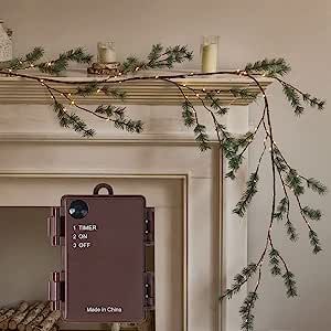 Fudios Lighted Twig Pine Garland 6FT 48 Warm White LED Battery Operated with Timer for Mantle Fireplace Christmas Winter Decoration Indoor Outdoor Use January Home Decor Ideas, Winter Mantle Decor, Winter Mantle, Mantle Fireplace, Stair Banister, Holiday Mantle Decor, Faux Candles, Lighted Branches, Christmas Fireplace Decor