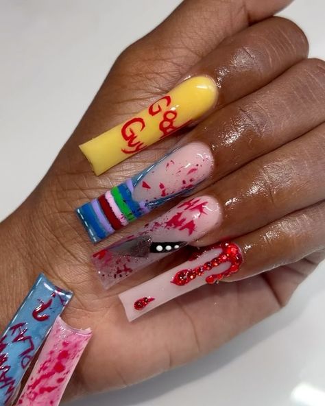 Baltimore Nail ARTist🎨 (@clawsbysese) • Instagram photos and videos Long Nails Square Design, Nail Video Ideas, Crazy Acrylic Nails, Kids Nail Designs, Pedicure Colors, Nails For Kids, Cute Acrylic Nail Designs, Short Square Acrylic Nails, Long Acrylic Nails Coffin