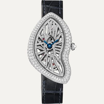 CRHPI00935 - Crash Skeleton watch - Platinum, leather, diamonds - Cartier Cartier Crash Watch, Crash Watch, Cartier Crash, Skeleton Jewelry, Swinging London, Diamond Watches, Pave Diamond Jewelry, Skeleton Watches, Cartier Watch