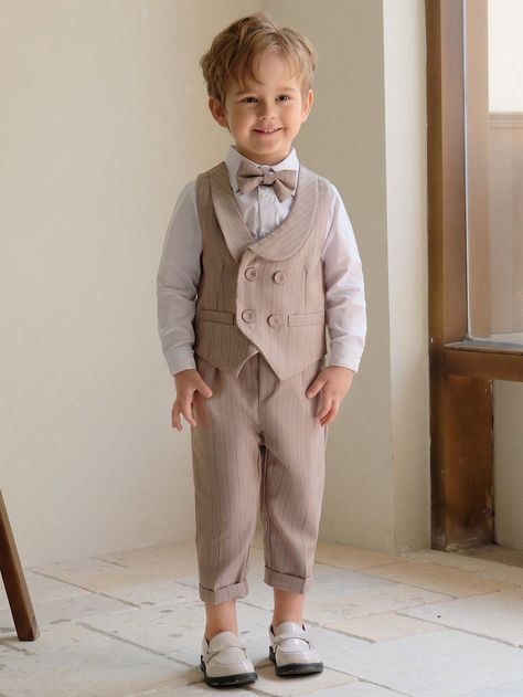 3pcs Young Boy Khaki Formal Suit: Striped Double-Breasted Vest + Pants + Bow Tie, Suitable For School, Stage Performance, Wedding Pageboy, Party, Early Autumn Khaki     Plain  Non-Stretch Fall,Spring,Spring/Fall,Summer,Spring/Summer Young Boys Clothing, size features are:Bust: ,Length: ,Sleeve Length: Navy Formal Suit, Formal Boys Outfit, Wedding Page Boys, Double Breasted Vest, Gentleman Outfit, Formal Suit, Boys Plaid, Plaid Suit, Early Autumn