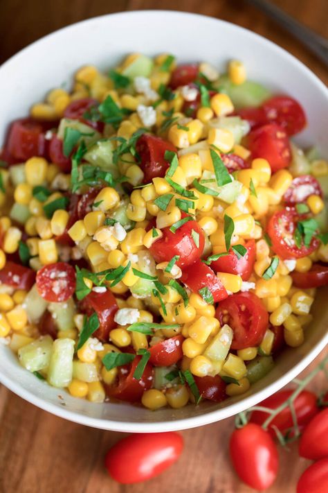 Corn And Tomato Salad, Corn Tomato Salad, Corn And Tomato, Mexican Corn Salad, Cilantro Recipes, Feta Cheese Recipes, Cherry Tomato Salad, Cherry Tomato Recipes, Tomato Salad Recipes