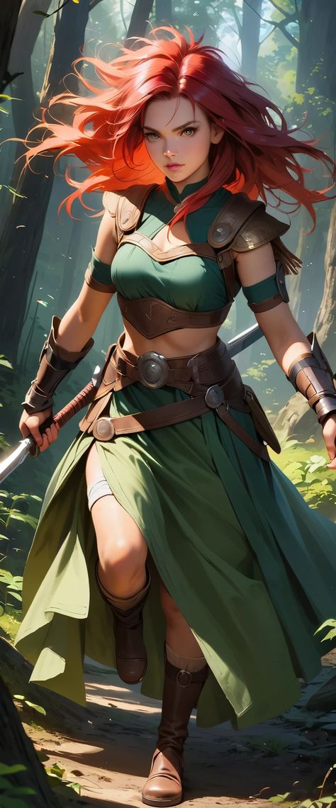 une femme aux cheveux roux et une épée dans une forêt - SeaArt AI Root Rpg, Amy Manson, Elf Female, Woman With Red Hair, Celtic Warrior, Celtic Warriors, Dynamic Pose, Adventurous Women, Celtic Woman