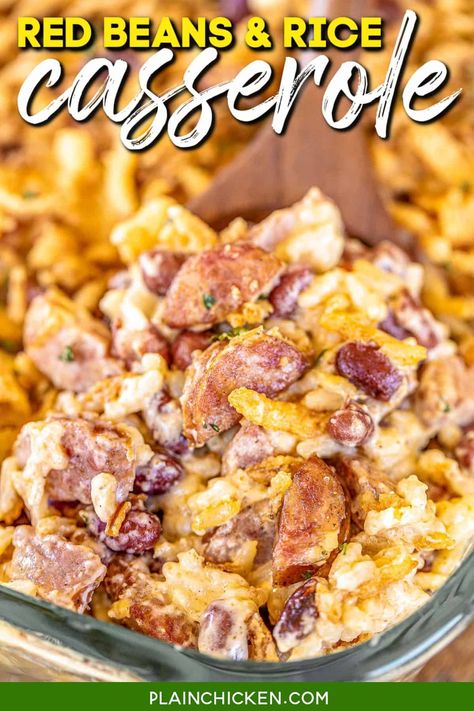 Red Beans & Rice Casserole - dirty rice loaded, smoked sausage, red beans, and fried onions. SO good and SUPER easy to make! Zatarain's Dirty Rice, sour cream, cream of chicken soup, red beans, smoked or andouille sausage, and french fried onions. Can make in advance and refrigerate or freeze for later. #cajun #mardigras #casserole #rice #freezermeal #smokedsausage Beans And Rice Casserole, Plain Chicken Recipe, Red Beans Rice, Oven Roasted Asparagus, Main Dish Casseroles, Red Beans And Rice, Mardi Gras Food, Dirty Rice, Sausage Casserole