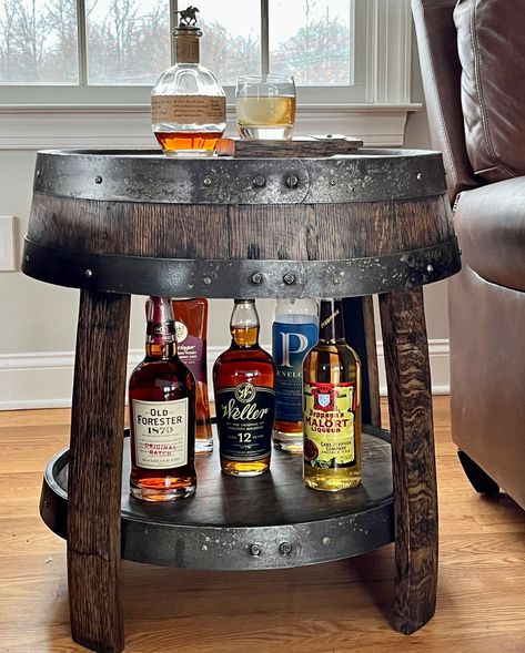 End Table Made From Authentic Whiskey Barrel With Bottom Shelf - Etsy Wine Bottle Glass Holder, Wine Barrel Coffee Table, Barrel Coffee Table, Whiskey Room, Alcohol Dispenser, Barrel Projects, Wine Barrel Furniture, Barrel Decor, Whiskey Barrels