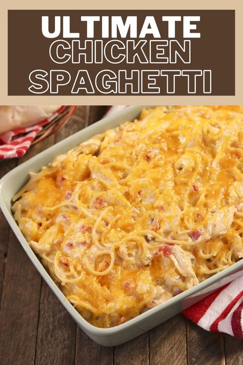 Easy Chicken Spaghetti Recipe, Use Rotisserie Chicken, Easy Chicken Spaghetti, Spaghetti Casserole Recipe, Chicken Spaghetti Casserole, Cheesy Chicken Spaghetti, Casserole Chicken, Chicken Spaghetti Recipes, Spaghetti Casserole