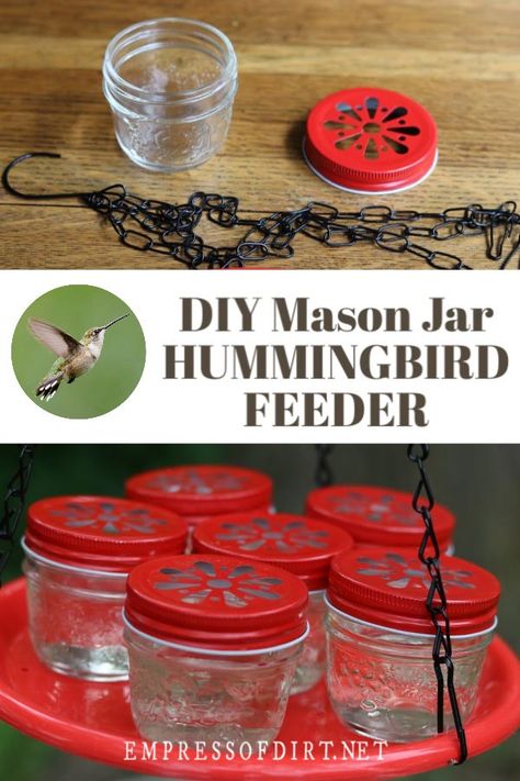 Grab some mini mason jars and make simple hummingbird feeders. It's an easy project and the feeders are very easy to clean. #hummingbirdfeeder #DIY #masonjarcraft #empressofdirt Mason Jar Hummingbird Feeder, Homemade Hummingbird Feeder, Diy Hummingbird Feeder, Hummingbird Food, Hummingbird Nectar, Homemade Bird Feeders, Small Mason Jars, Hummingbird Feeder, Diy Bird Feeder