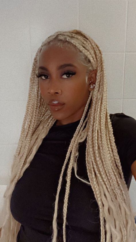 Bleach Blonde Braids Black Women, Platinum Blonde Braids On Dark Skin, Bleach Blonde Braids, Platinum Blonde Hair Braids, Light Blonde Braids, Platinum Blonde Box Braids, Platinum Blonde Braids, Long Platinum Blonde, Blonde Hair Girl