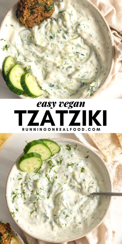 This zesty vegan tzatziki dip is amazing served with warm pita or falafel.  #diprecipes #vegansauces #tzatziki #healthyrecipes #healthydiprecipe Falafel Vegan, Tzatziki Sauce Recipe, Vegan Tzatziki, Tzatziki Recipes, Vegan Dip, Vegan Sauces, Tzatziki Sauce, Vegan Appetizers, Vegan Condiments