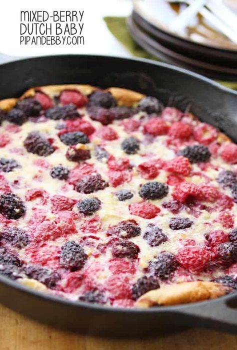 Mixed Berry Dutch Baby - Pip and Ebby Berry Pancakes, Cooking Challenge, Light Desserts, Baby Print, Dutch Baby, Delicious Breakfast Recipes, Cast Iron Cooking, Pancakes And Waffles, Mixed Berries