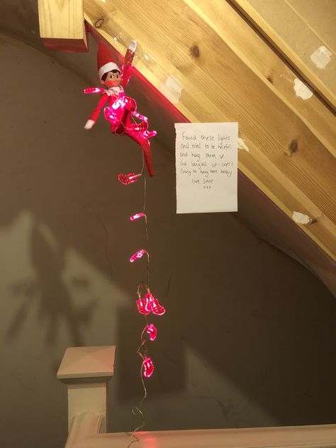 Elf Tangled In Christmas Lights, Elf Hanging From Christmas Lights, Elf Tangled In Lights, Elf Wrapped In Lights, Shelf Lighting, Shelf Ideas, The Elf, On The Shelf, String Lights