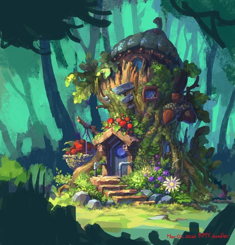 Elf House Concept Art, Acorn House Illustration, Fairy Tree House Illustration, Magic House Illustration, Mushroom House Concept Art, Fairy House Concept Art, Witch Cottage Drawing, Magic House Art, Witch House Illustration